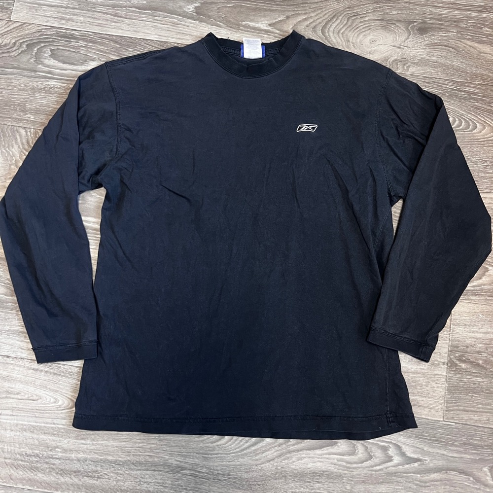 Y2K Reebok Long Sleeve T-Shirt Logo Minimalist‎ Black Cotton Top Size M
